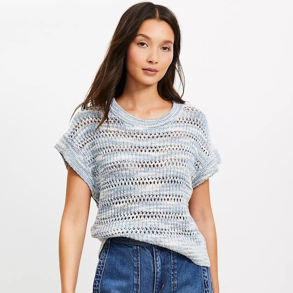 Loft Blue Marled Open Knit Boxy Sweater Top, M - Picture 1 of 10